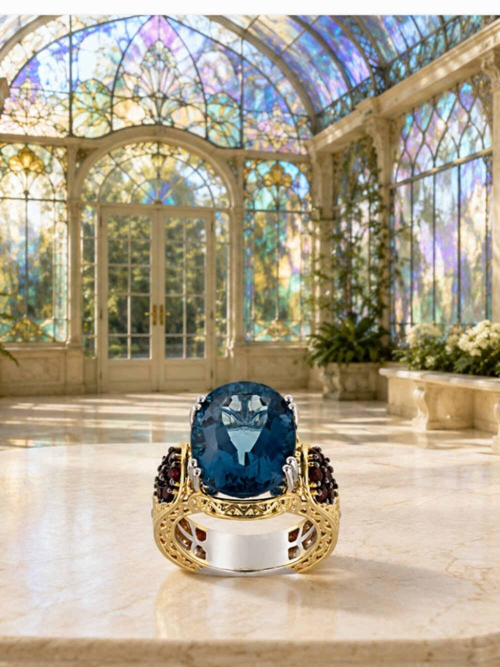 Gems En Vogue GEV215 London Blue Topaz & Garnet Statement Ring – Size 8